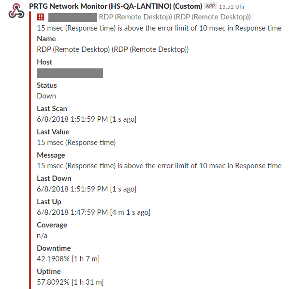 An Example PRTG Alarm Message in Slack An Example PRTG Alarm Message in Slack